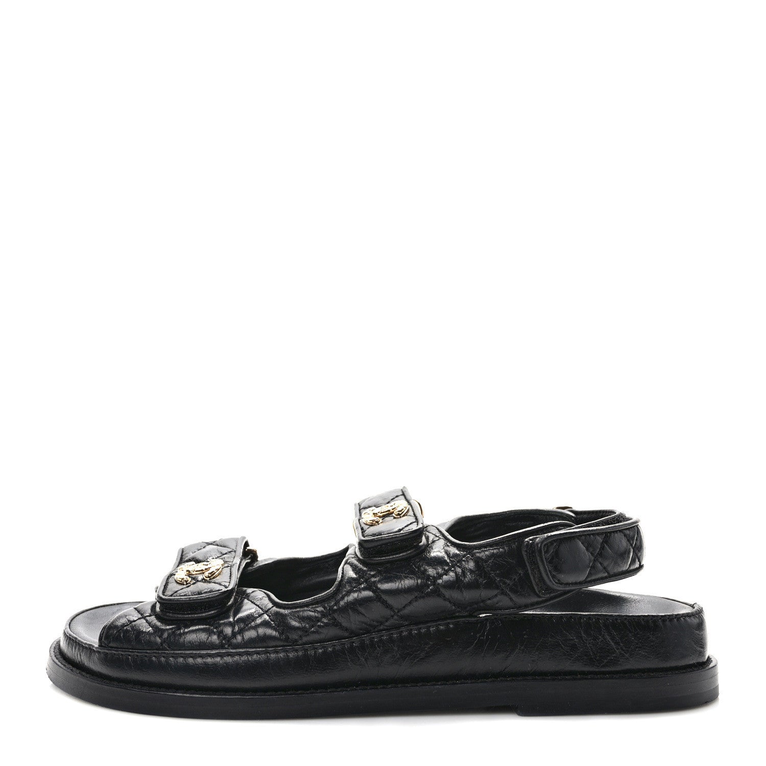 Chanel Crumpled Shiny Lambskin Velcro Dad Sandals 38 Black 1 of 8
