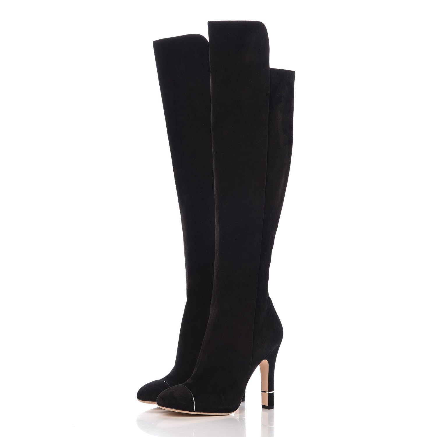 Chanel Suede Calfskin CC Cap Toe Knee High Boots 40 Black 3 of 9