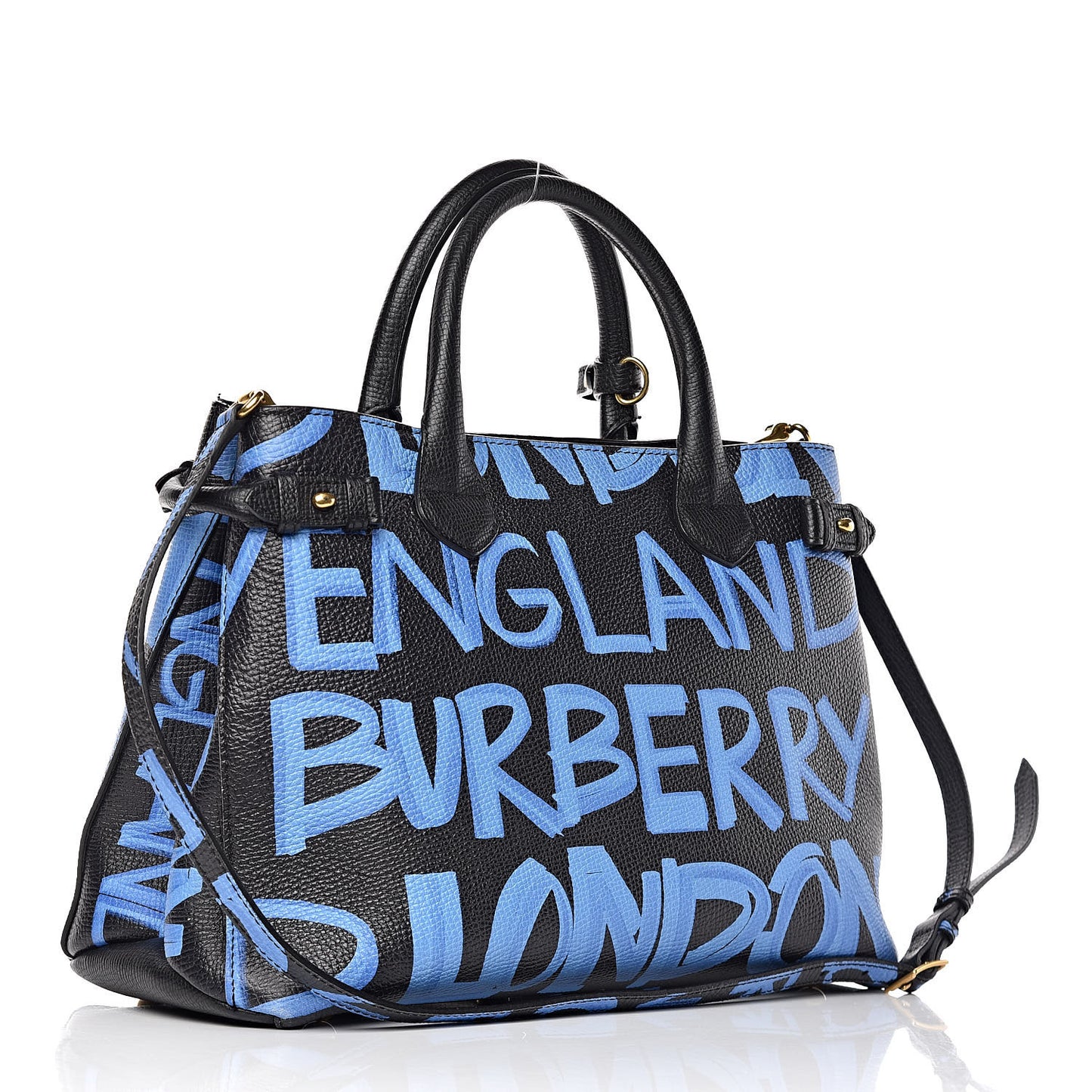 Grainy Calfskin Graffiti Print Medium Banner Tote Black