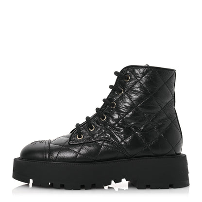 Chanel Crumpled Lambskin Quilted Platform Lace Up Combat Boots 38 Black 1 of 10