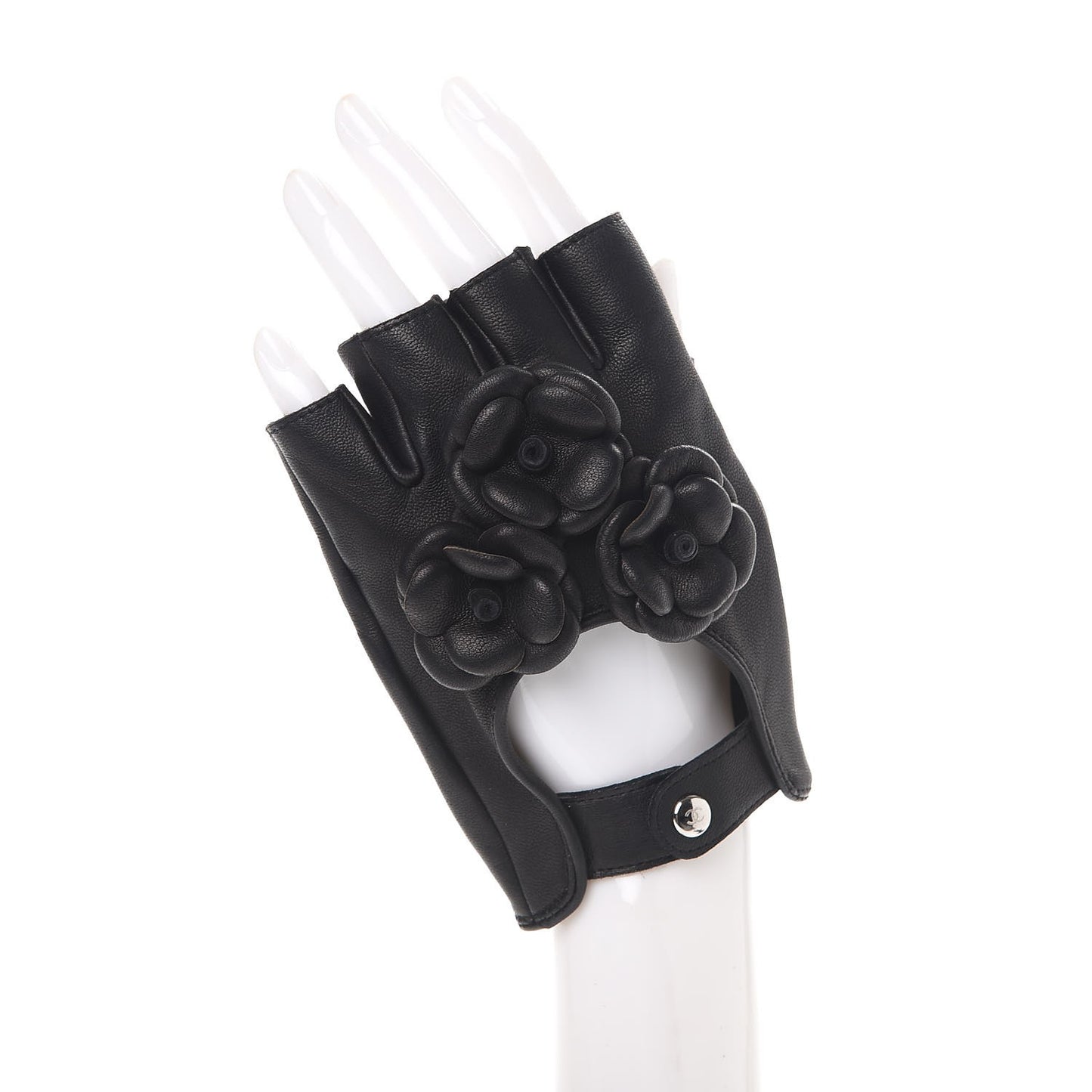 Lambskin Camellia Fingerless Gloves 8 Black