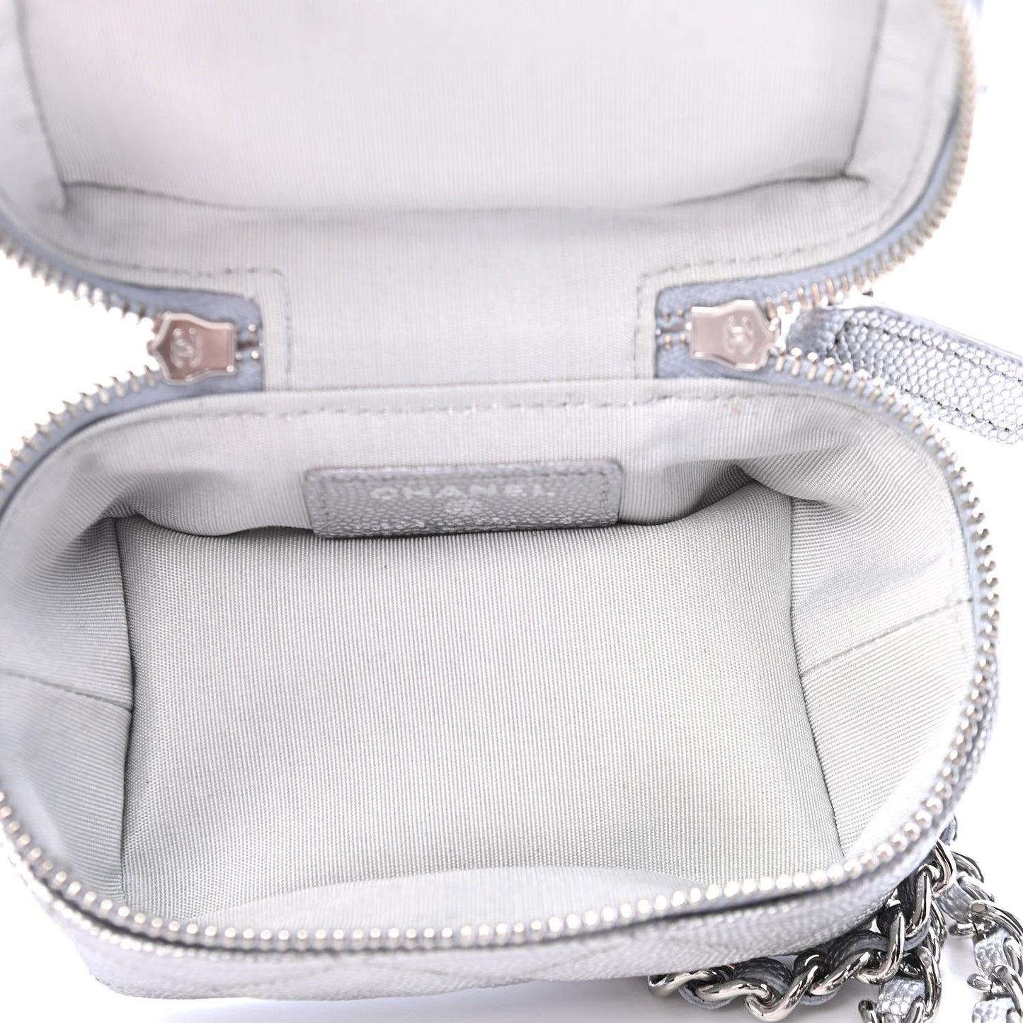 Metallic Caviar Quilted Mini Top Handle Vanity With Chain Silver
