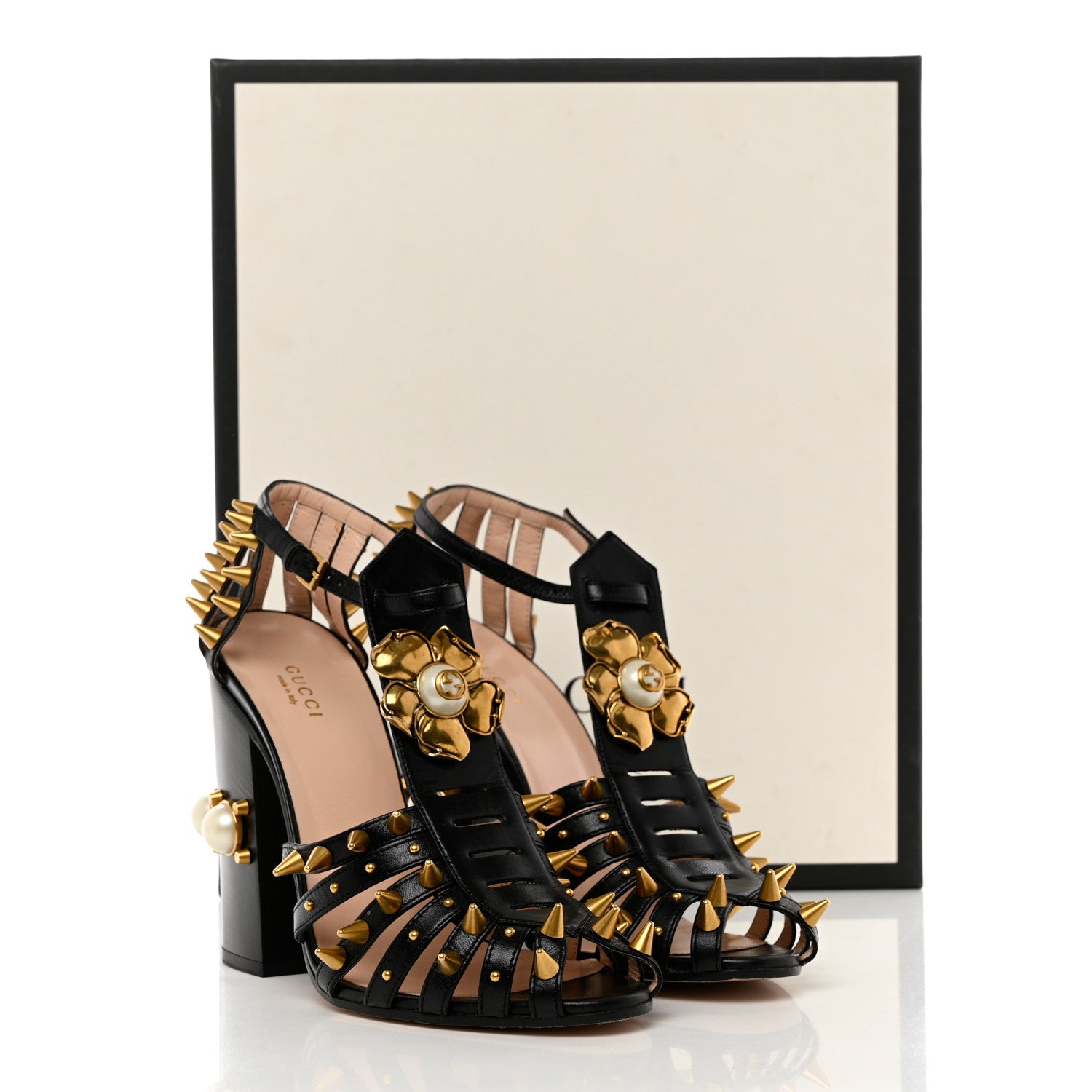 Gucci Kid Leather Studded Kendall Sandals 40.5 Black Gold 10 of 10