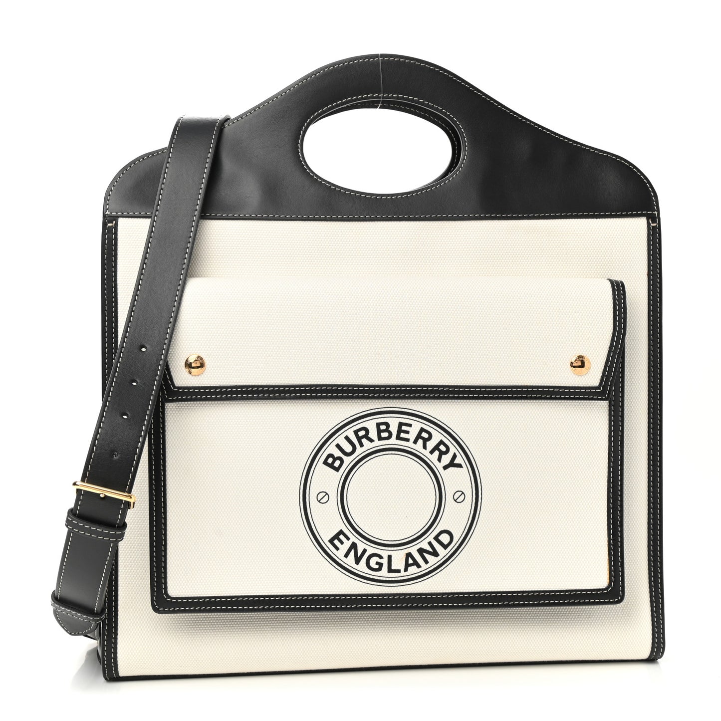 Canvas Smooth Calfskin Two Tone Medium Pocket Bag Natural Black