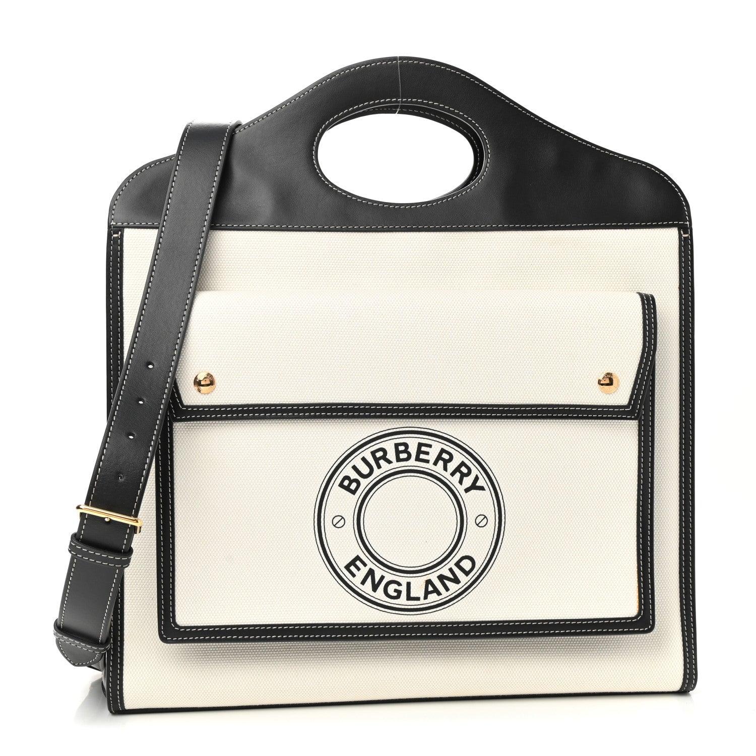 Burberry Canvas Smooth Calfskin Two Tone Medium Pocket Bag Natural Black 1 of 10