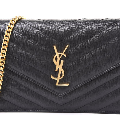 Saint Laurent Grain De Poudre Matelasse Chevron Monogram Envelope Chain Wallet Black 8 of 8