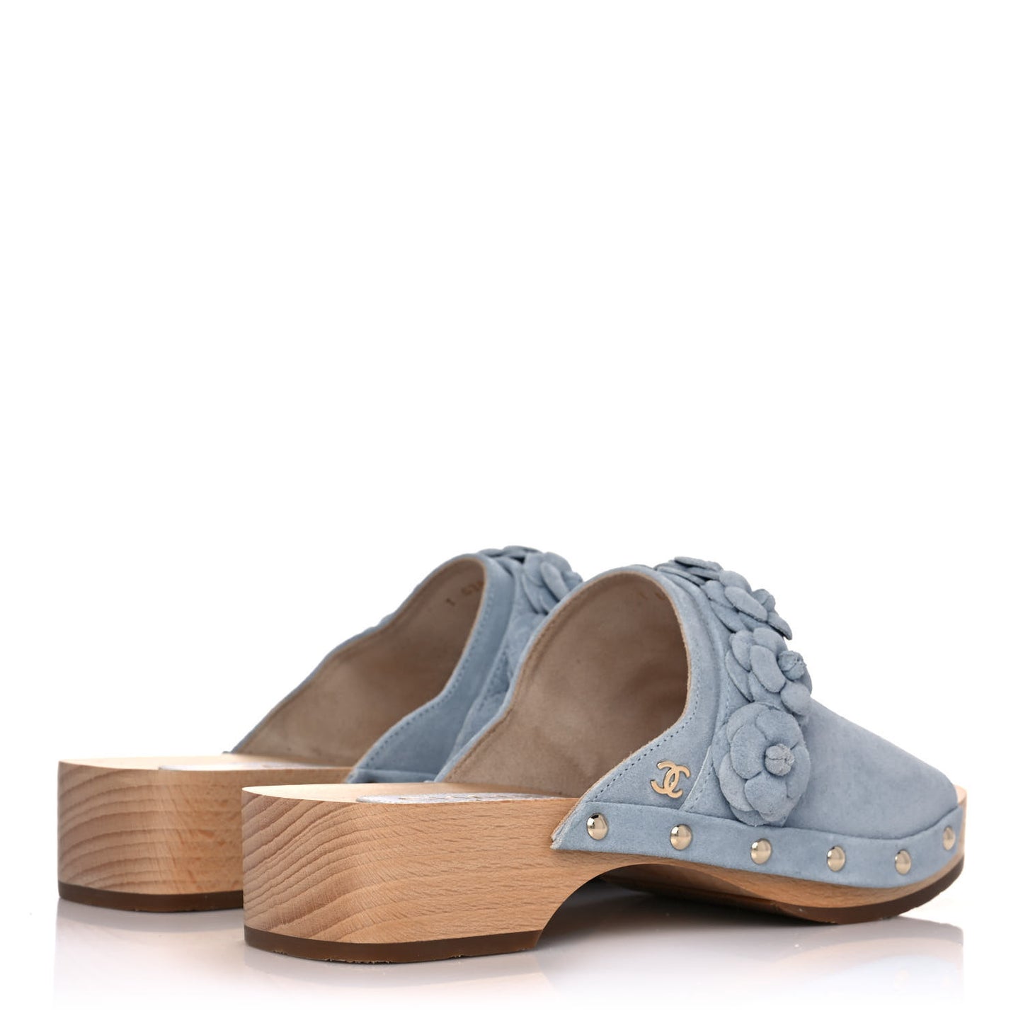Suede Calfskin Camellia Mules 36 Light Blue
