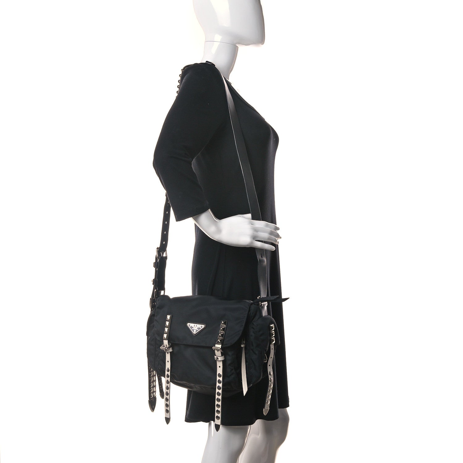Prada Nylon New Vela Studded Messenger Black White 2 of 12
