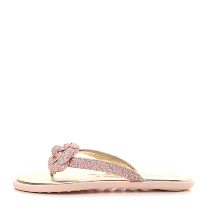Chanel Tweed Quilted Camellia Thong Sandals 41 Salmon Apricot Gold 1 of 10