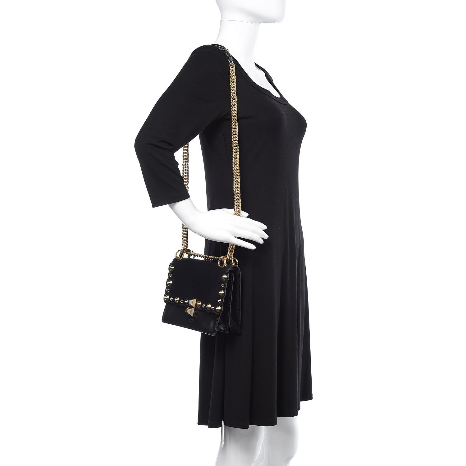 Fendi Vitello Liberty Metal Scalloped Multi Studded Small Kan I Shoulder Bag Black 2 of 10