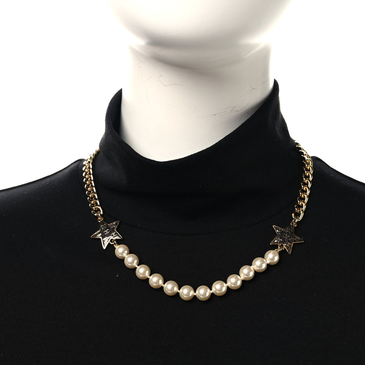 Metal Enamel Pearl Star CC Necklace Gold White