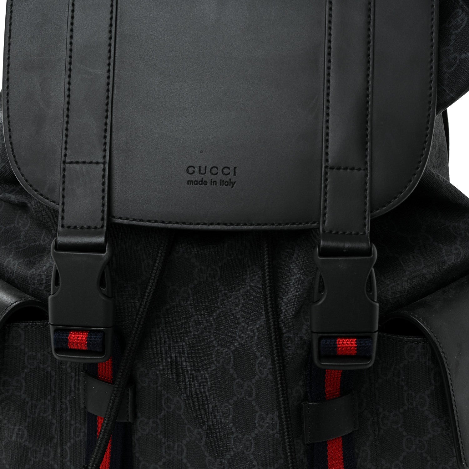 Gucci Soft GG Supreme Monogram Calfskin Web Double Buckle Backpack Black 9 of 13