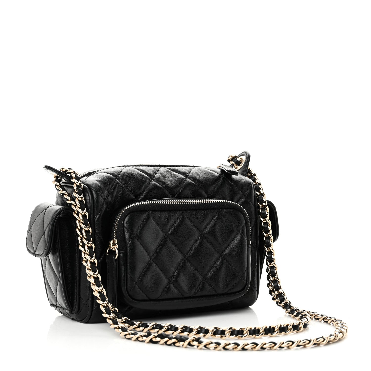 Chanel Shiny Crumpled Lambskin Quilted Small Preppy Pocket Camera Case Black 3 of 10