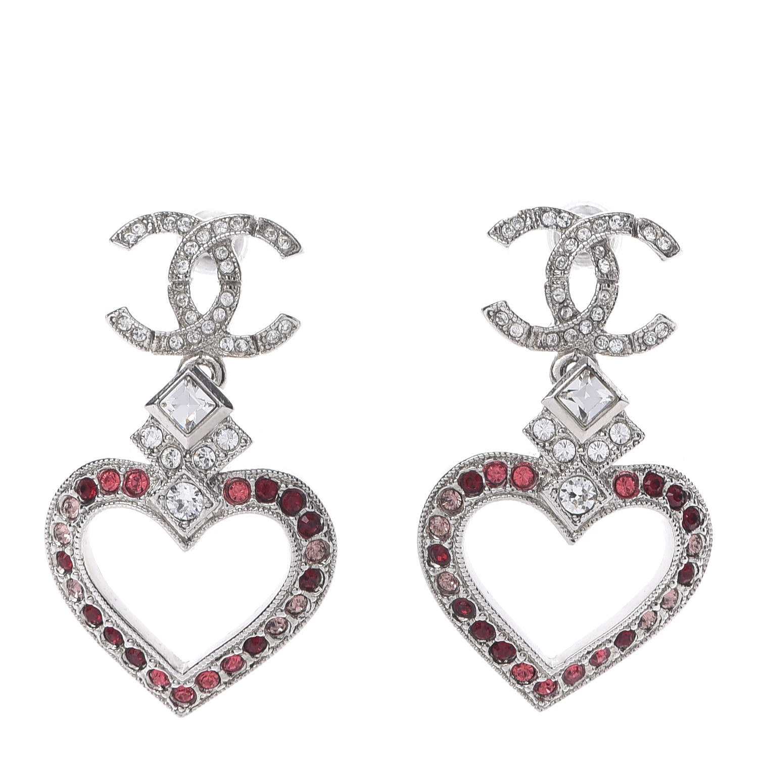 Chanel Crystal Heart CC Drop Earrings Silver Multicolor 1 of 5