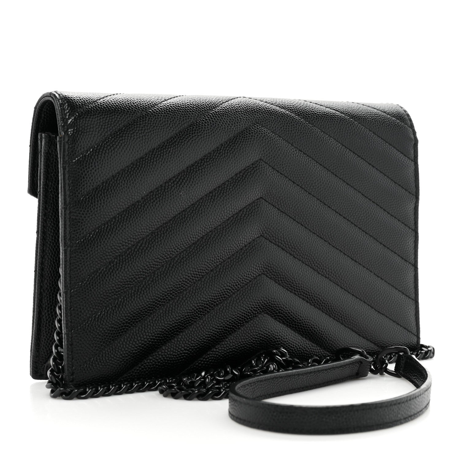 Saint Laurent Grain De Poudre Matelasse Chevron Monogram Monochrome Envelope Chain Wallet Black 3 of 16