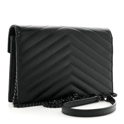 Saint Laurent Grain De Poudre Matelasse Chevron Monogram Monochrome Envelope Chain Wallet Black 3 of 16
