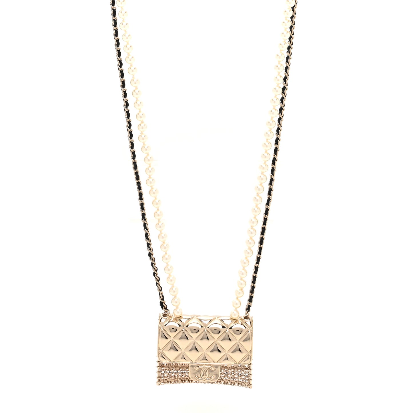 Metal Lambskin Pearl Chain Flap Bag Long Necklace Gold Black Pearly White