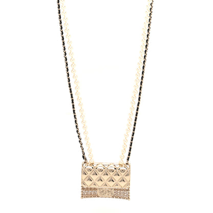Chanel Metal Lambskin Pearl Chain Flap Bag Long Necklace Gold Black Pearly White 1 of 6
