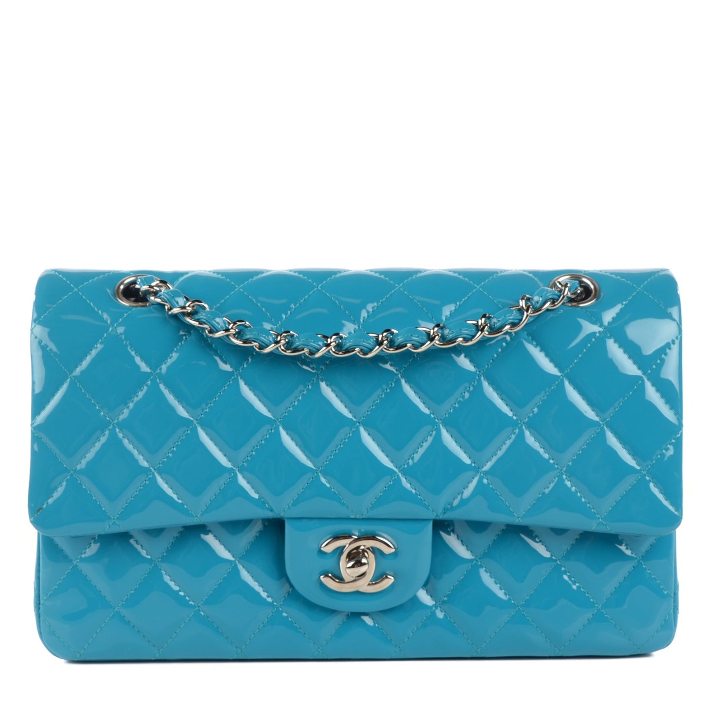 Patent Calfskin Quilted Medium Double Flap Turquoise