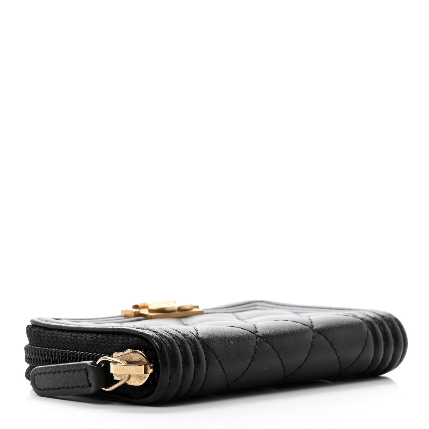 Lambskin Quilted Zip Around Boy Coin Purse Wallet Black