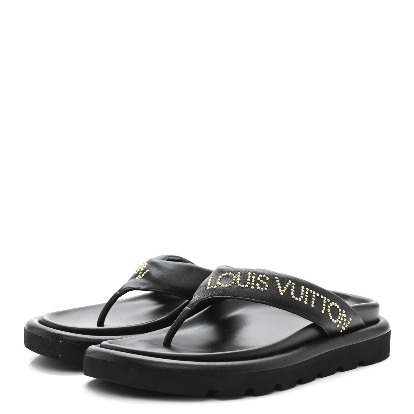 Calfskin Logo Studded Pillow Flat Thong Sandals 35 Black