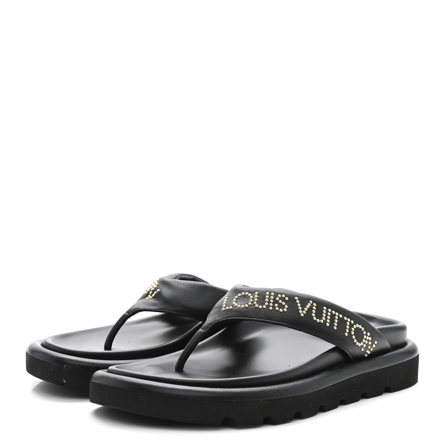 Louis Vuitton Calfskin Logo Studded Pillow Flat Thong Sandals 35 Black 4 of 9