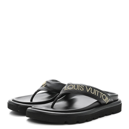 Louis Vuitton Calfskin Logo Studded Pillow Flat Thong Sandals 35 Black 4 of 9