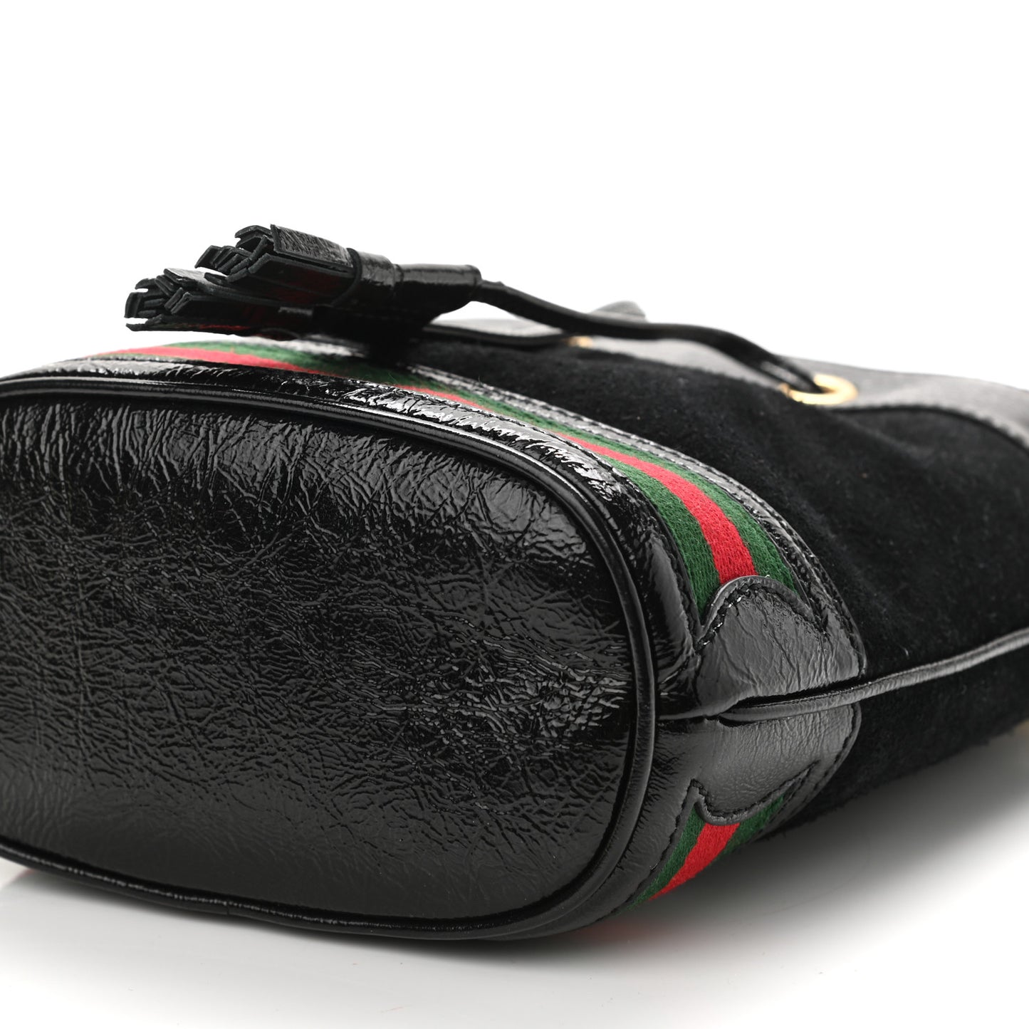 Suede Patent Web Mini Ophidia Bucket Bag Black