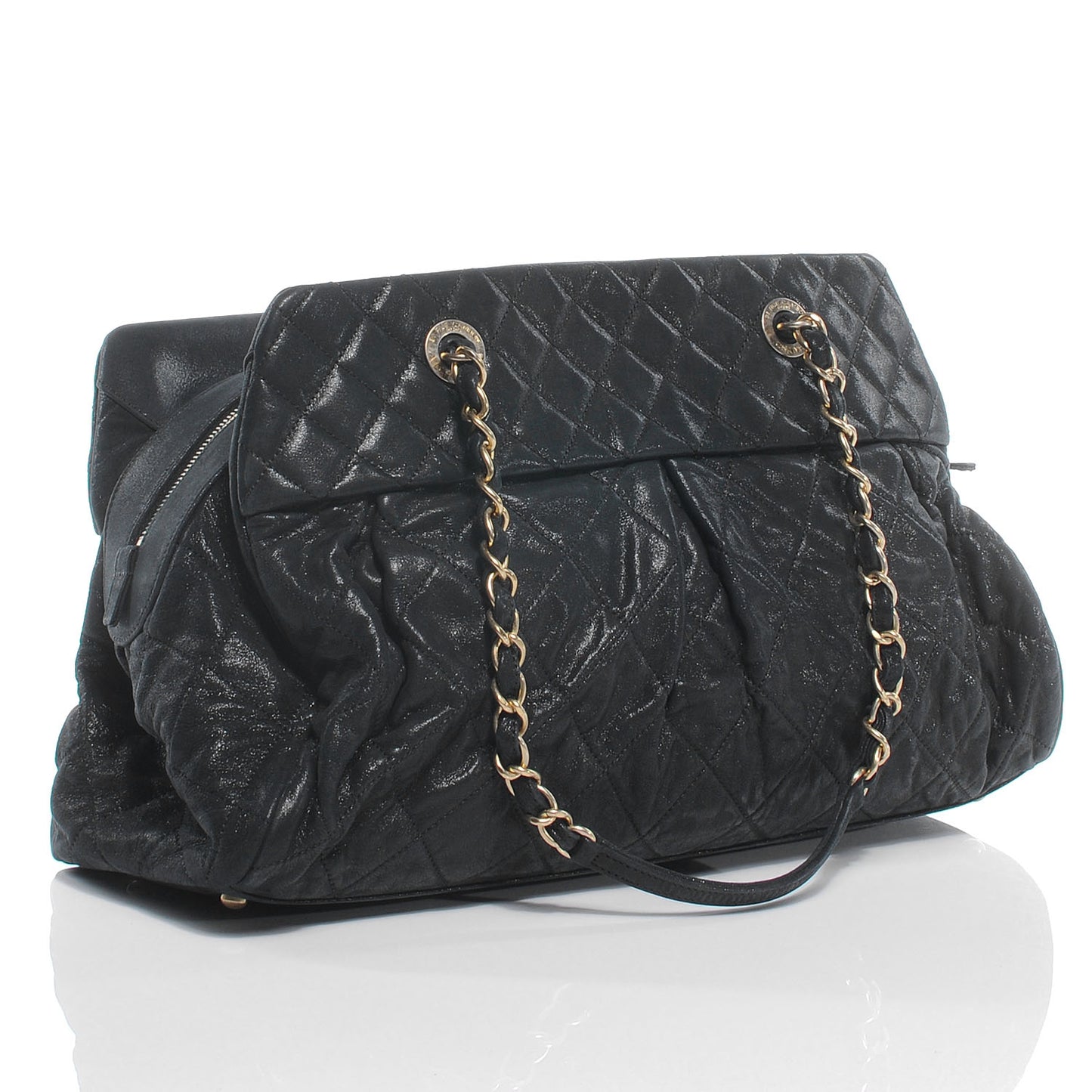 Iridescent Calfskin Chic Quilt Bowling Bag Black