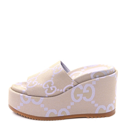 Gucci Monogram Jumbo GG Platform Slide Wedge Sandals 39.5 Beige Lapis 1 of 9