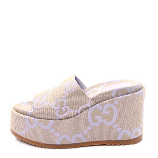 Monogram Jumbo GG Platform Slide Wedge Sandals 39.5 Beige Lapis