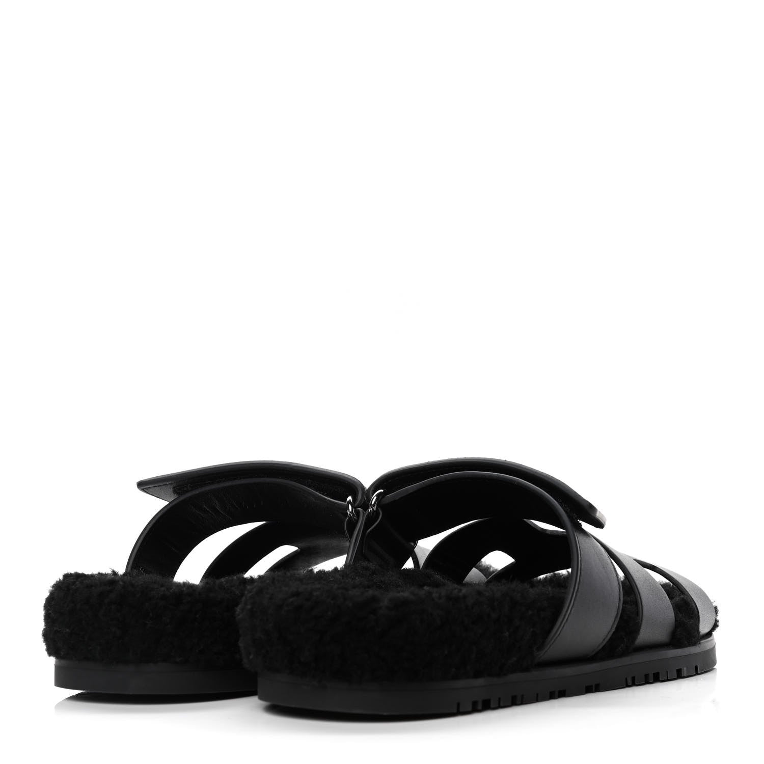 Hermes Calfskin Woolskin Womens Chypre Sandals 37 Black 3 of 4