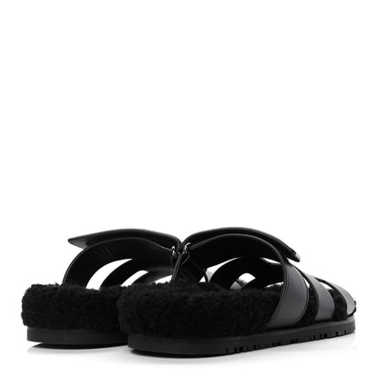Hermes Calfskin Woolskin Womens Chypre Sandals 37 Black 3 of 4