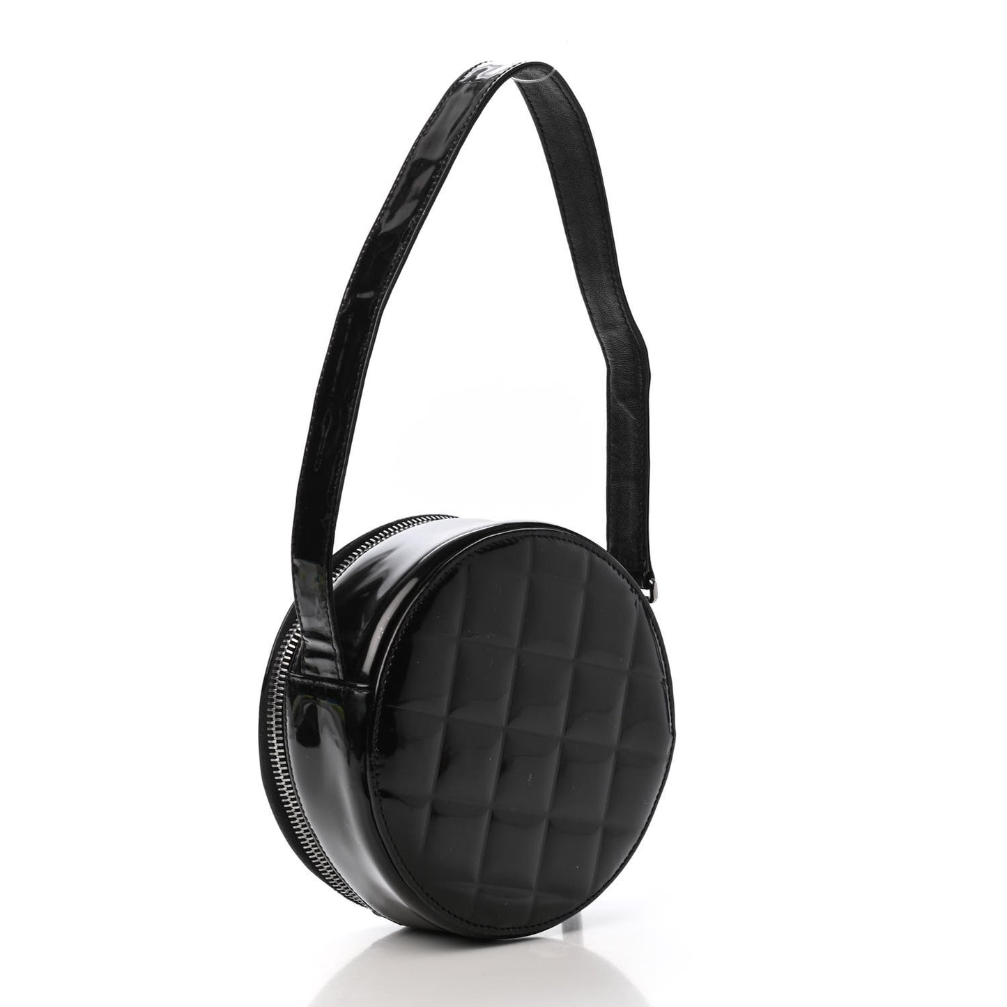 Patent Quilted CC Chocolate Bar Round Shoulder Bag Black