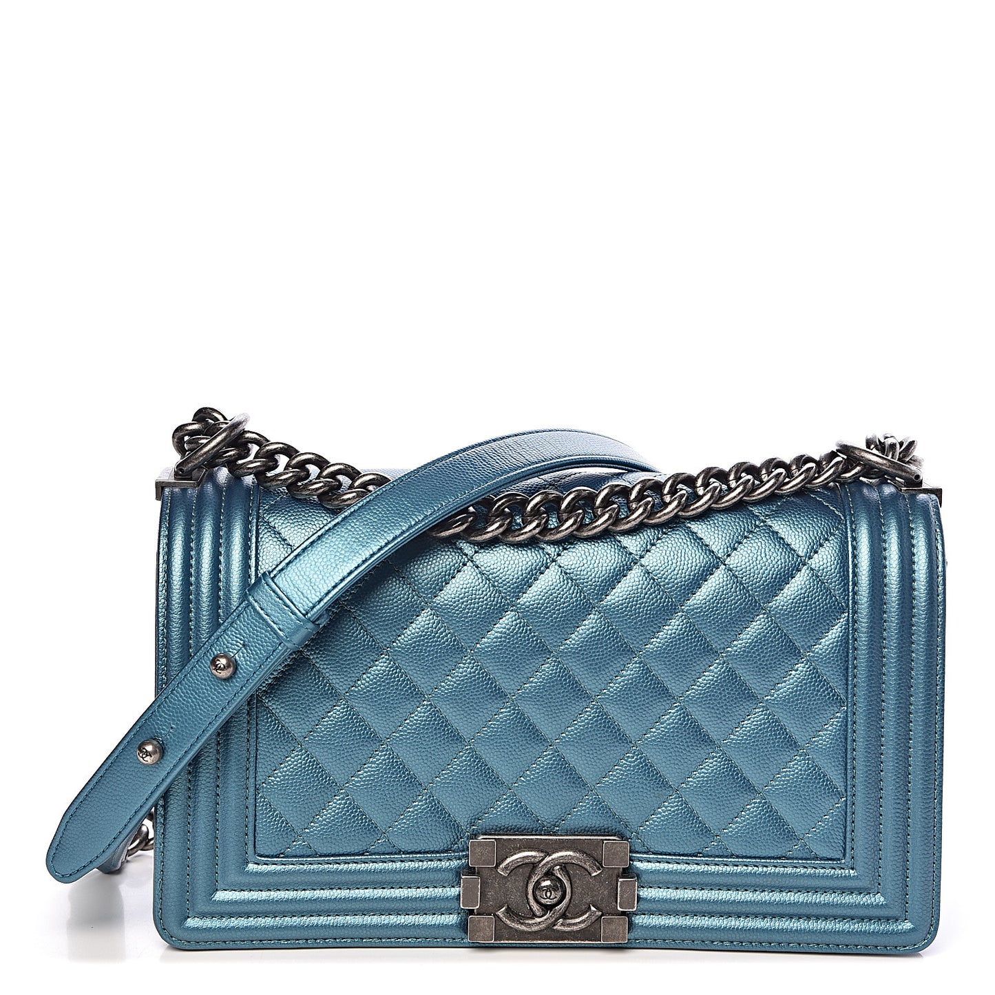 Metallic Caviar Quilted Medium Boy Flap Turquoise