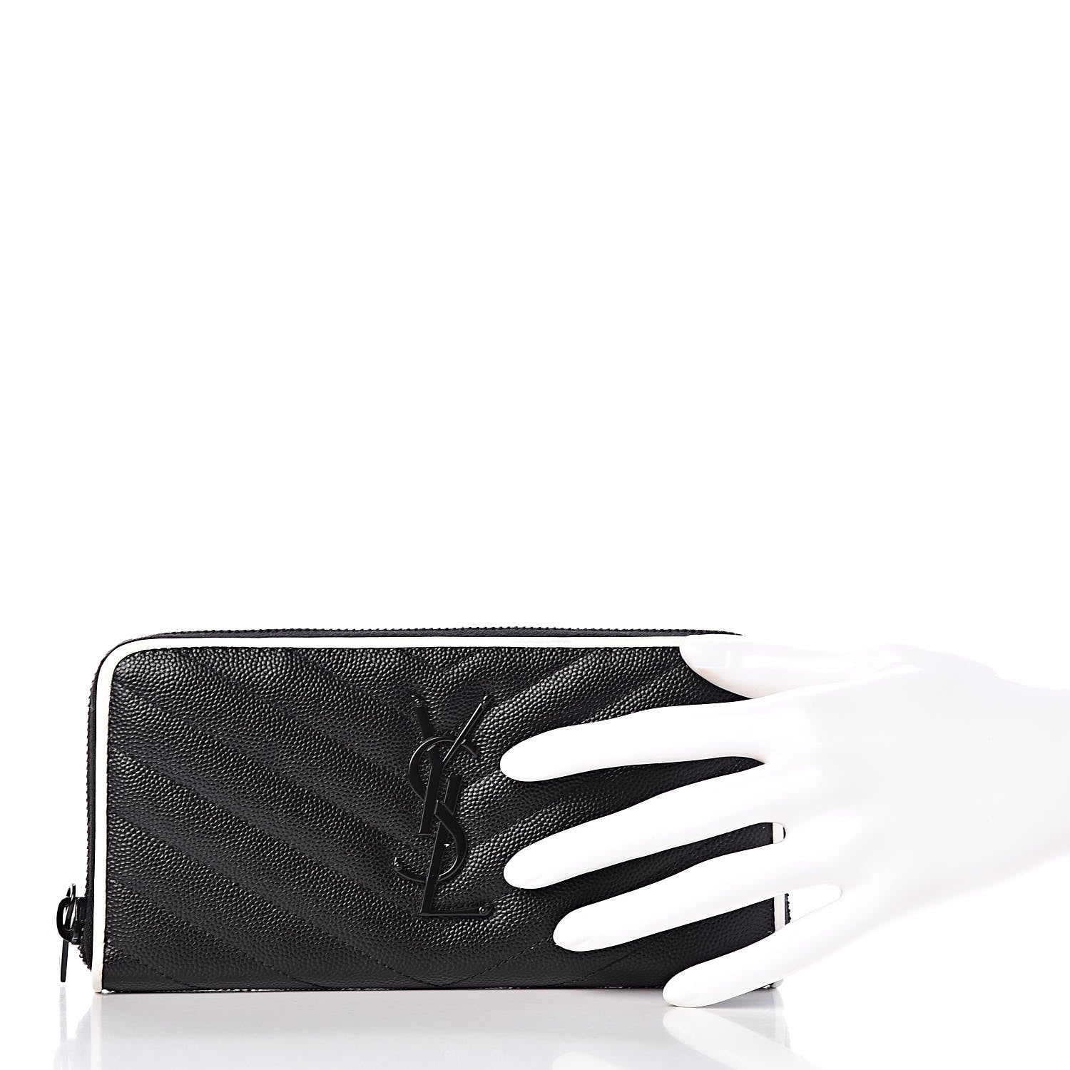Saint Laurent Grain De Poudre Matelasse Chevron Monogram Zip Around Wallet Black Dove White 2 of 9