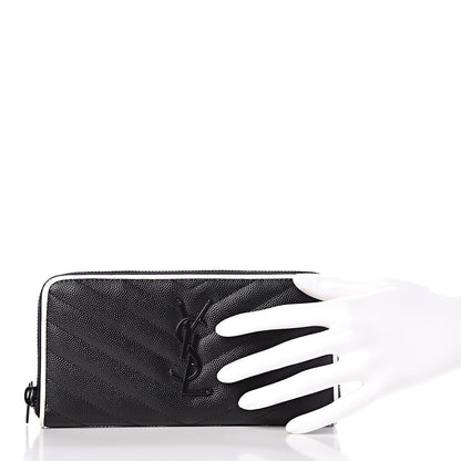 Saint Laurent Grain De Poudre Matelasse Chevron Monogram Zip Around Wallet Black Dove White 2 of 9