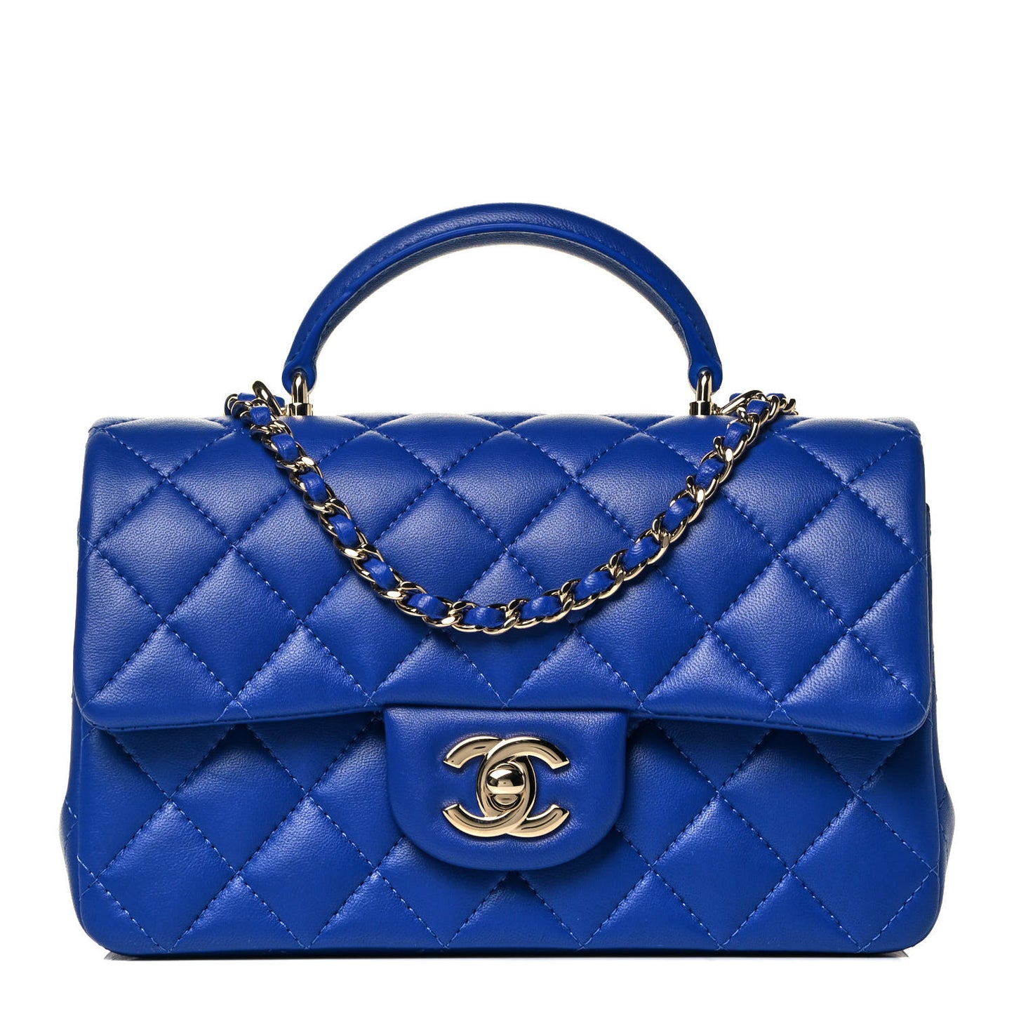 Lambskin Quilted Mini Top Handle Rectangular Flap Dark Blue