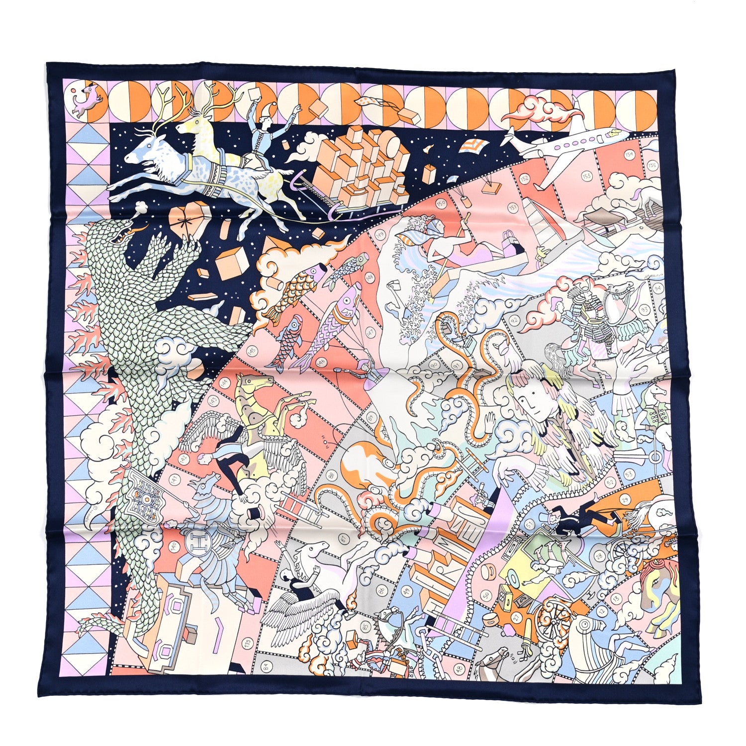 Hermes Silk L'Epopee D' Hermes Detail Scarf 70 Marine Fonce Saumon 1 of 5