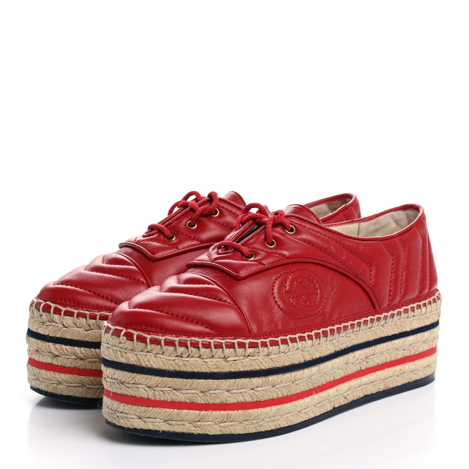 Gucci Nappa Matelasse GG Pilar Flatform Lace-Up Espadrilles 37 Hibiscus Red 3 of 12