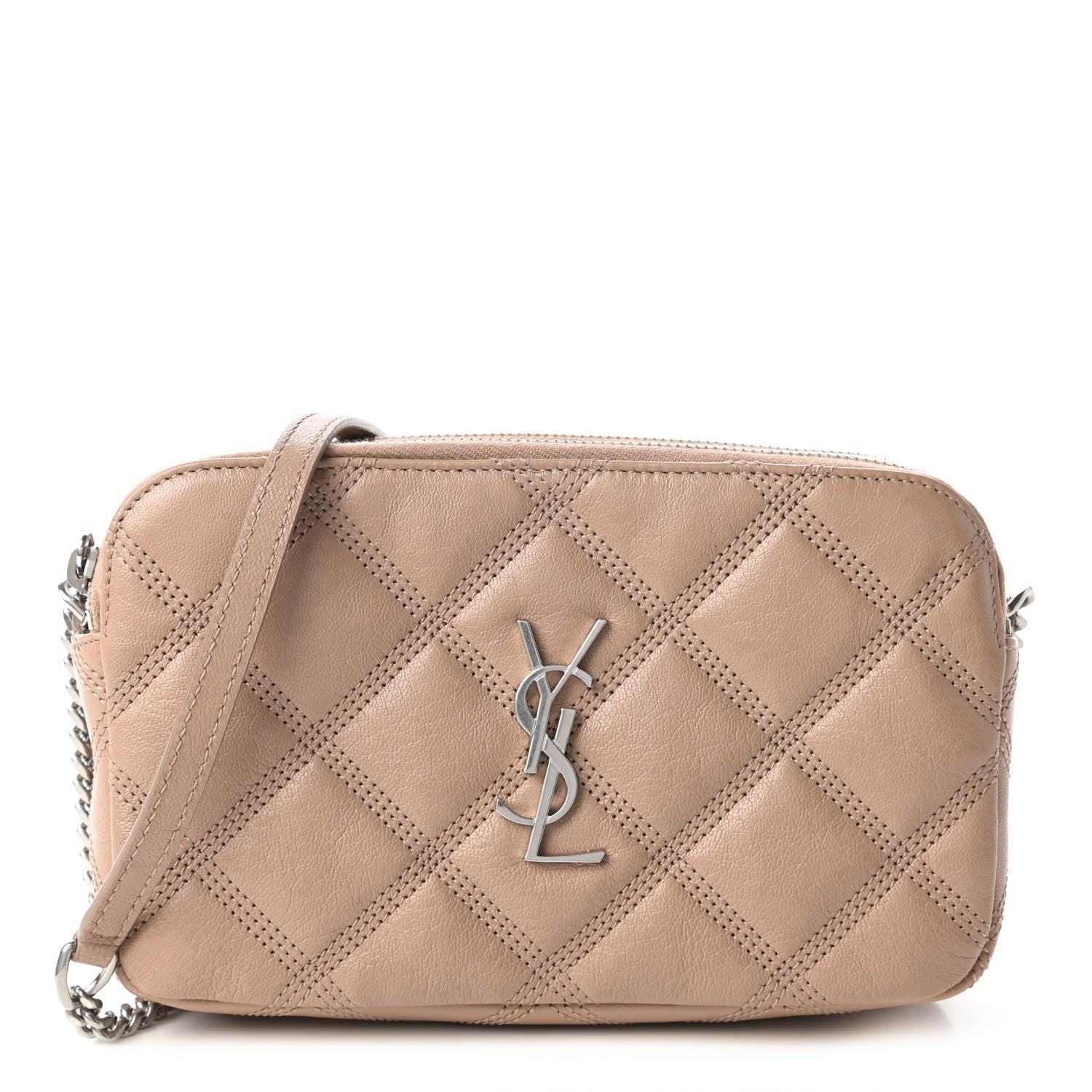 Saint Laurent Grained Lambskin Quilted Mini Becky Double Zip Bag Dark Beige 1 of 11