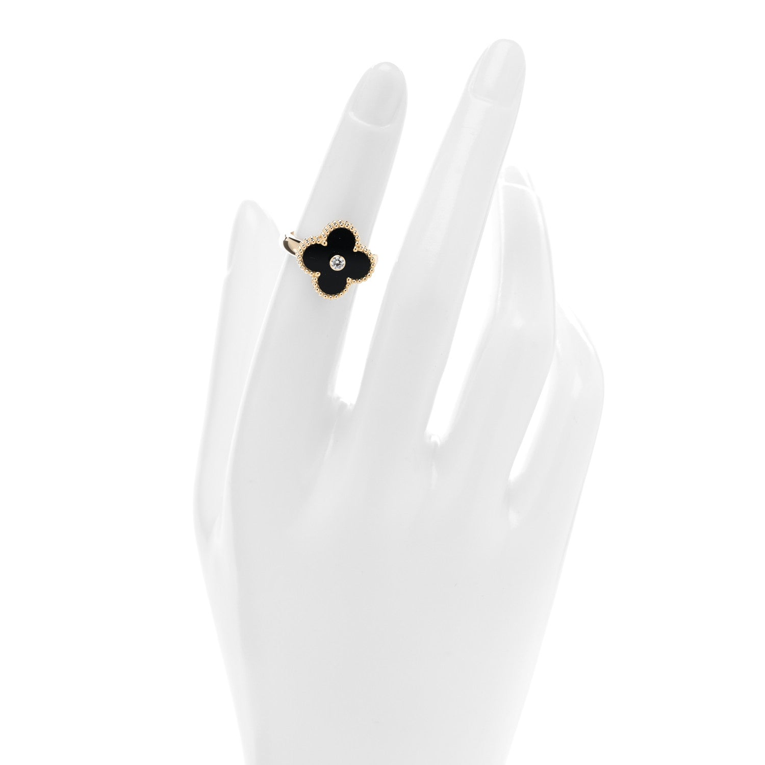 Van Cleef & Arpels 18K Yellow Gold Diamond Black Onyx Vintage Alhambra Ring 48 4.5 2 of 4