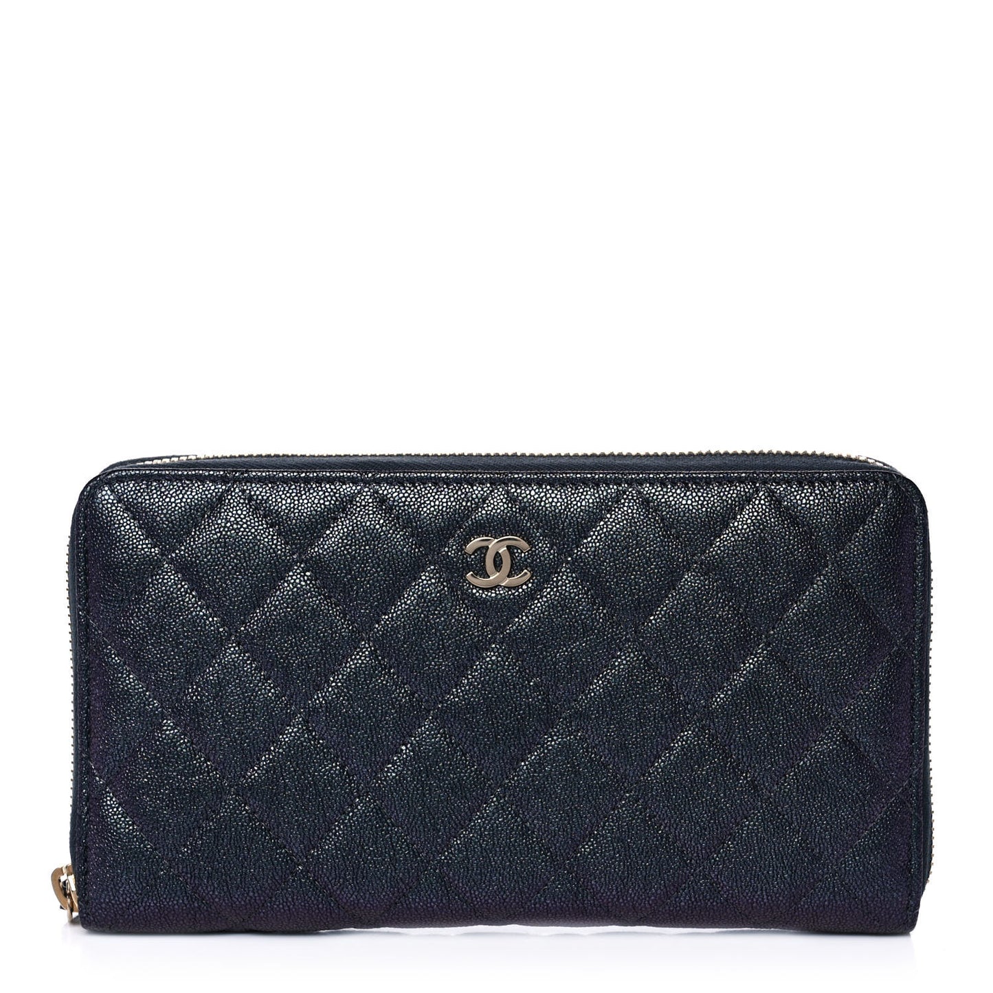 Iridescent Caviar Quilted Long Zip Around Wallet Black