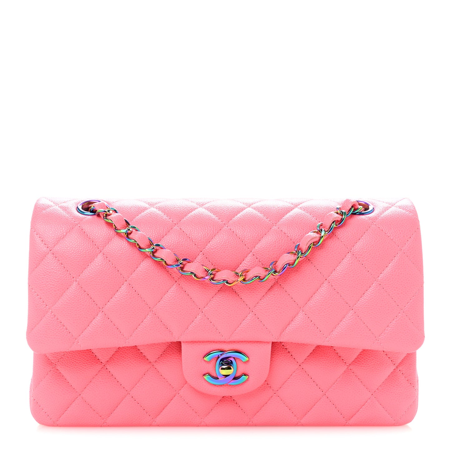 Caviar Quilted Rainbow Medium Double Flap Coral Pink