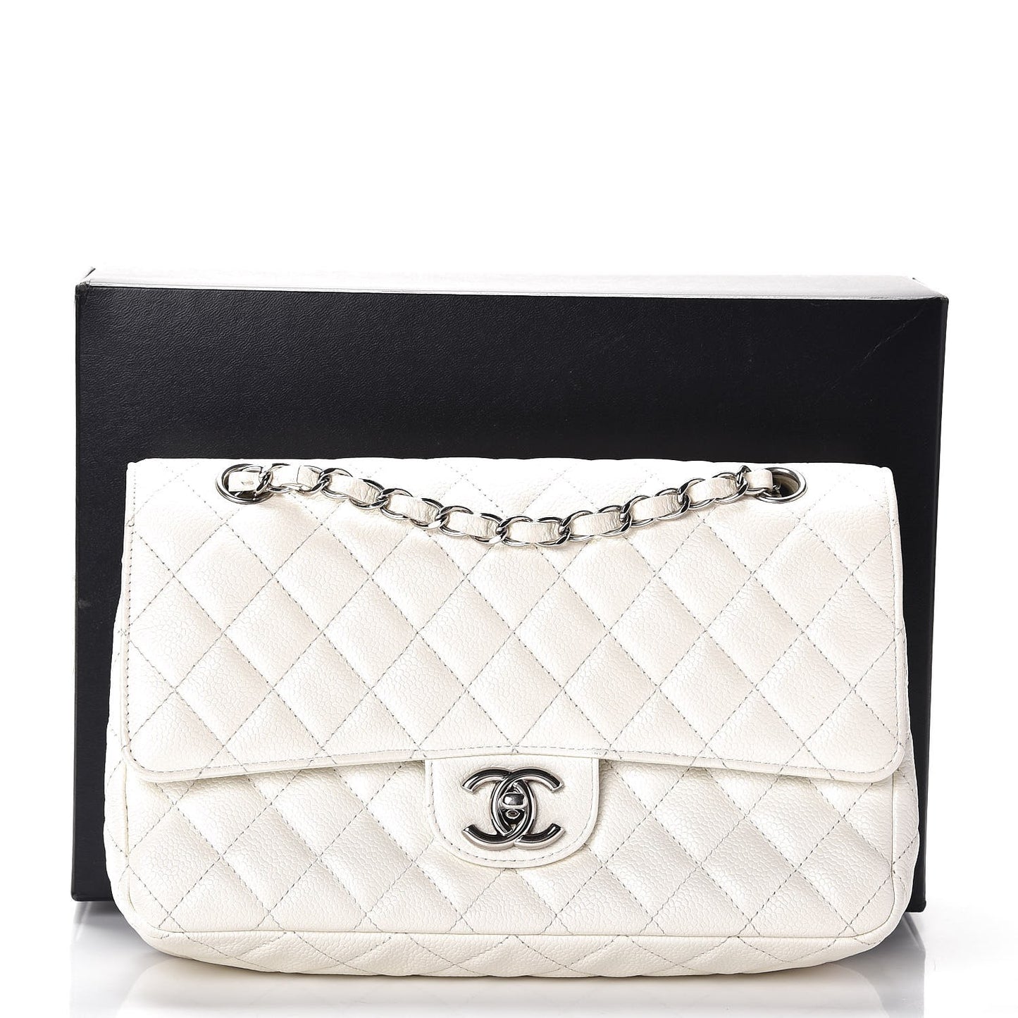 Washed Caviar Quilted Medium Double Flap White