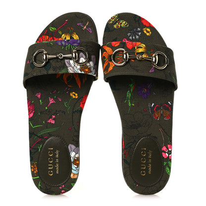 Gucci Canvas Flora Floral Horsebit Slide Sandals 36 Green 2 of 11