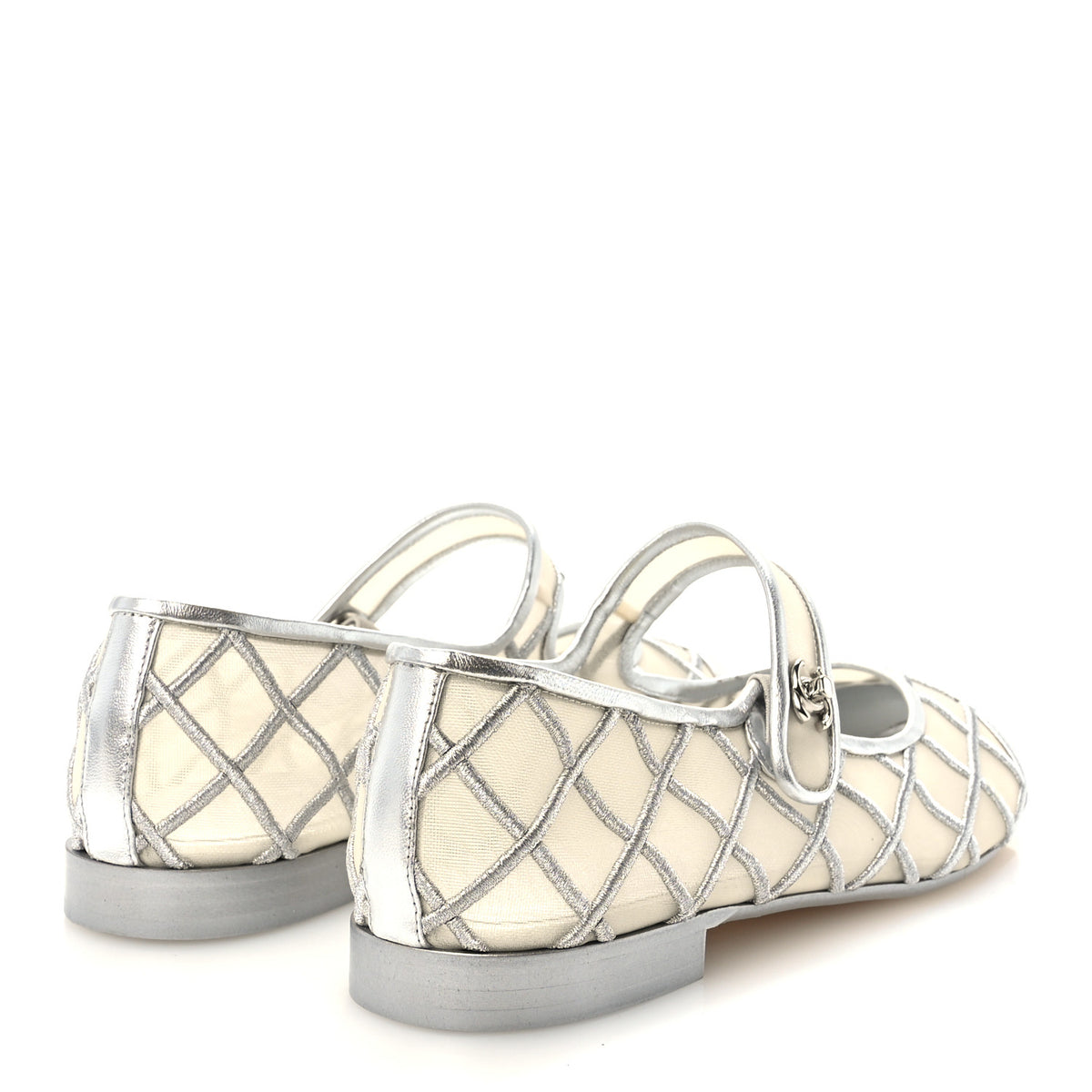 Chanel Laminated Lambskin Mesh Embroidered Quilted Mary Jane Cap Toe Flats  41 Silvered 5 of 9