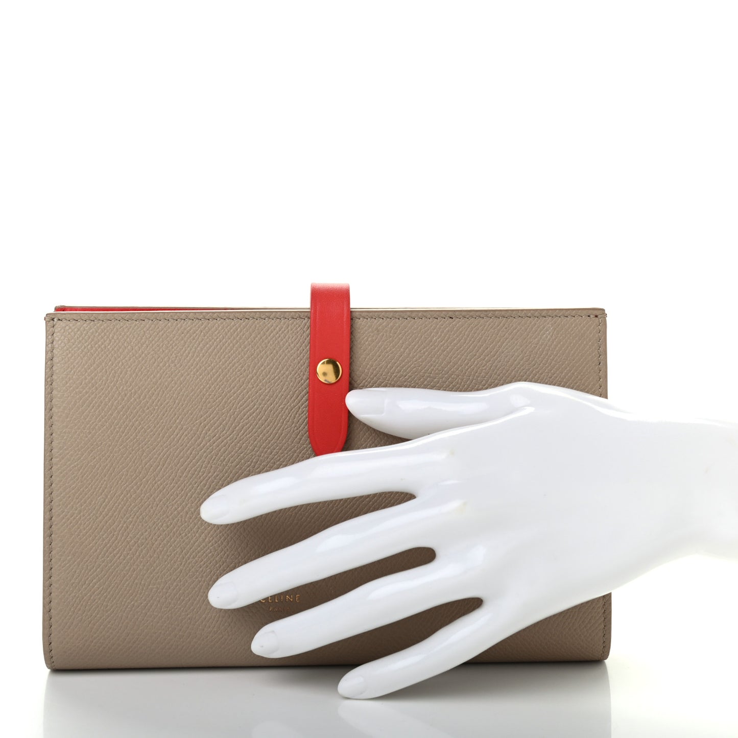 Grained Calfskin Large Multifunction Strap Wallet Light Taupe Red