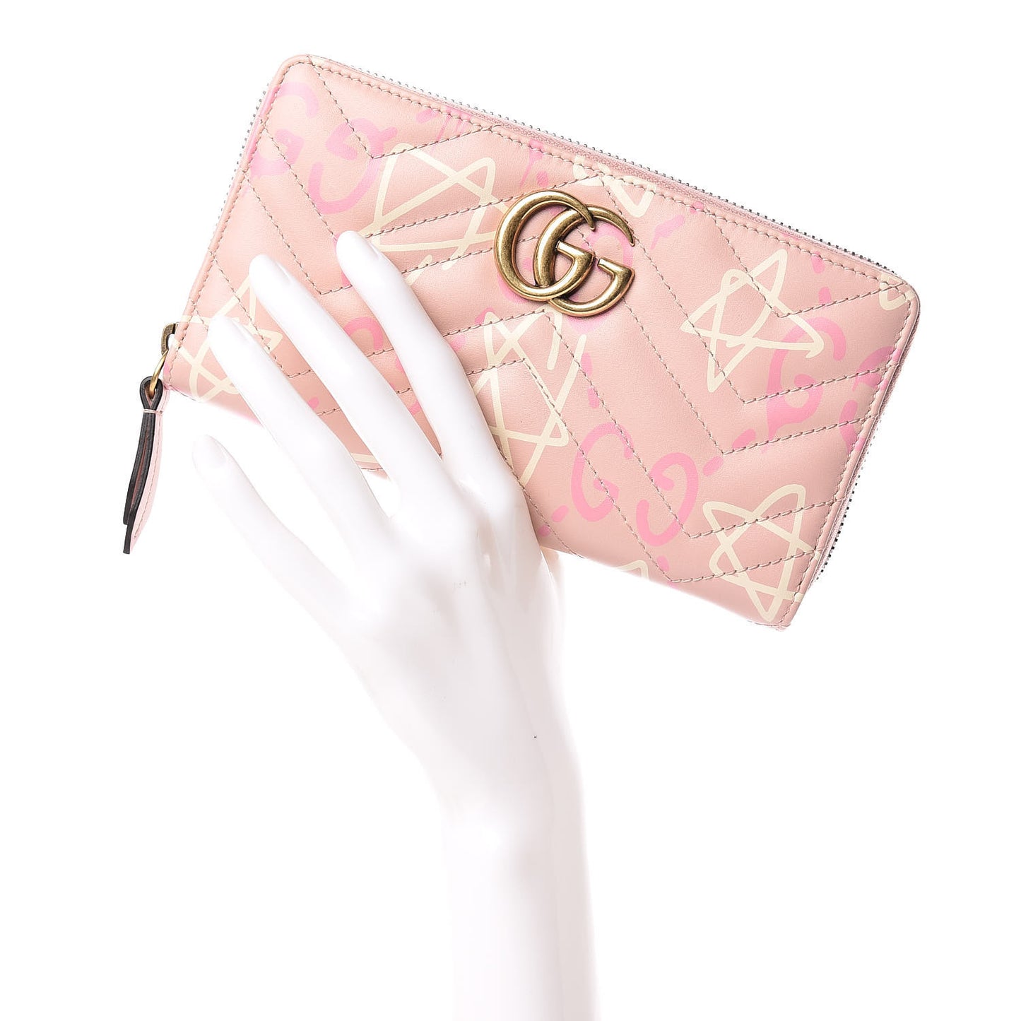 Calfskin Matelasse GucciGhost GG Marmont Zip Around Wallet Perfect Pink Rosa Ivory