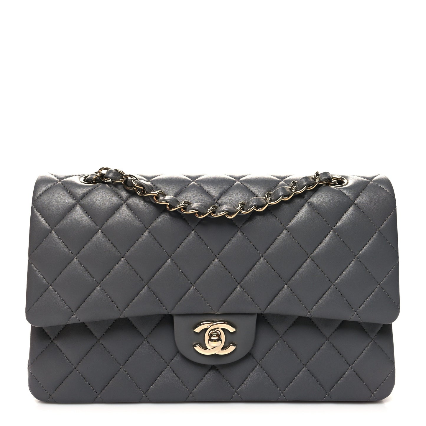 Lambskin Quilted Medium Double Flap Dark Grey
